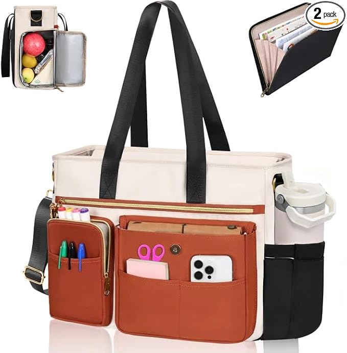 ESTARER Teacher Tote Bag for Women 2Pcs,15.6'' Laptop Work Bag Computer Bag w/File Folder & Insulated Pocket, Large Water-resistant Messenger Shoulder Bag for Office/Travel/College,Black-Beige-Brown by ESTARER