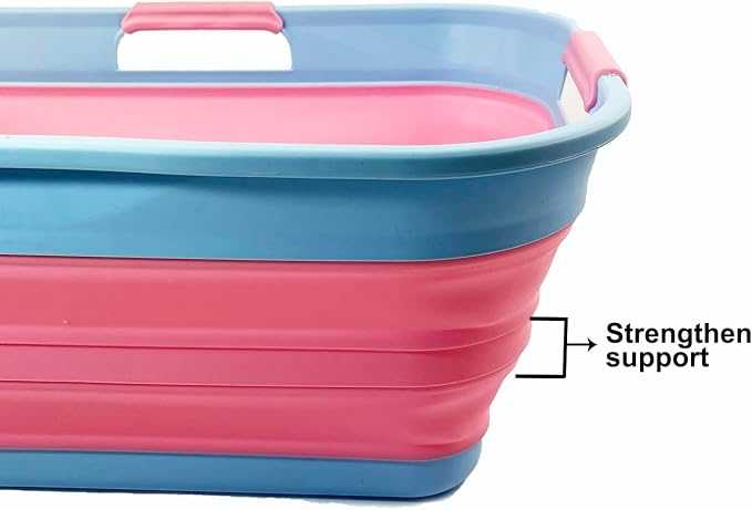 SAMMART 21L (5.5 Galloons) Collapsible Plastic Storge Basket - Foldable Pop Up Storage Container/Organizer - Portable Washing Tub - Space Saving Hamper/Basket (Cool Blue/Maglia Rosa (Set of 2)) - Image 4