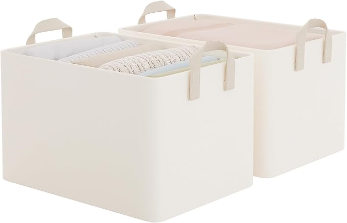 StorageWorks Fabric Storage Bins, Storage Basket for Shelves, Beige, 2-Pack | With PU Handles, Wrinkle-Resistant Cottlyn Fabric, Foldable, For Bedroom, Bathroom, Laundry, Holds Clothes, Towels, Blankets by StorageWorks
