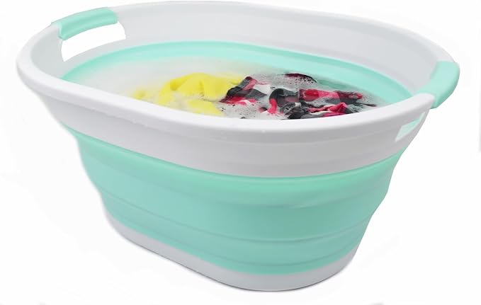 SAMMART 32L (8.4 Gallon) Collapsible Plastic Laundry Basket - Foldable Pop Up Storage Container/Organizer - Portable Washing Tub - Space Saving Hamper, Water Capacity: 24L (2, Grey+Light Green) - Image 5