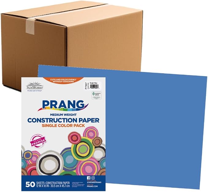 Prang Construction Paper, 12" x 18", Bright Blue, 50/Pack, 25 Packs | Formerly SunWorks, Class Pack, 1250 Sheets Total, P7507 by Prang