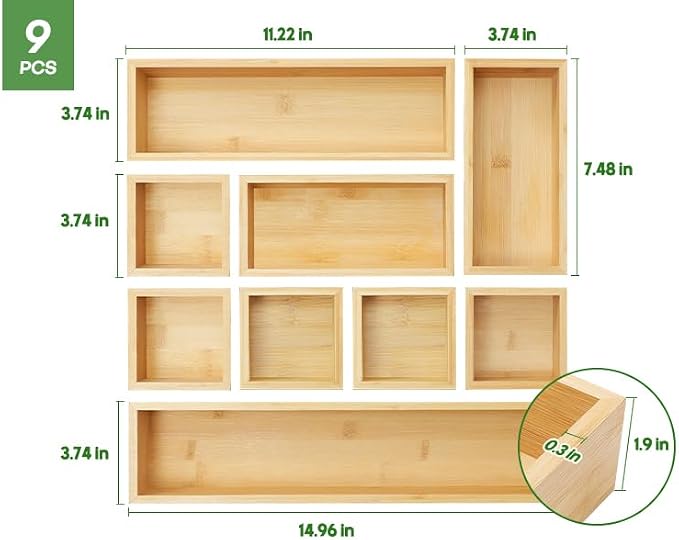 MapleGrace Bamboo Drawer Organizer Set, 9 PCS Wood Storage Organizers | Multi-Use Junk Drawer Divider, Storage Trays Containers for Kitchen, Bathroom, Office Desk, Makeup, Jewelry, Utensils - Image 7