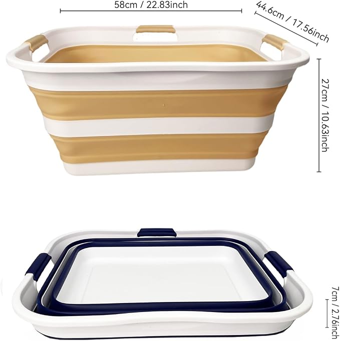 SAMMART 42 (11 Gallons) Collapsible Plastic Laundry Basket, Foldable Pop Up Storage Container/Organizer, Space Saving Hamper, Portable Bin for Dorm Room Bathroom (2, Starry Blue+Beige) - Image 2