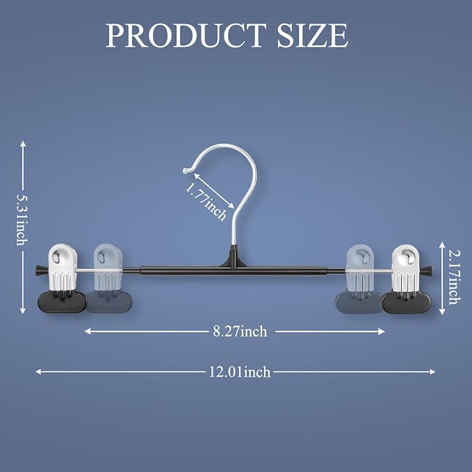 Clothes Pants Skirt Hangers with Wide Clips 12 Inch 50 Pack, Black | Non-Slip,Adjustable metal wide clips,Space-Saving,Heavy duty, for pants/skirt/dress/trousers/jeans/shorts/leggings, women,men - Image 3