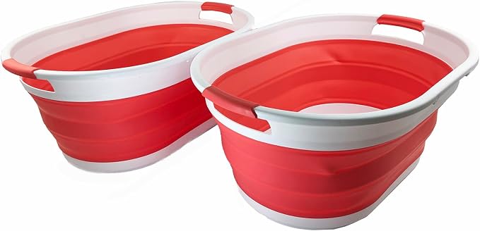 SAMMART 39L (10.3 gallons) Collapsible Plastic Laundry Basket - Foldable Washing Tub - Easy Storage & Pop Up Saving (White/Coral Pink(Set of 2)) by SAMMART