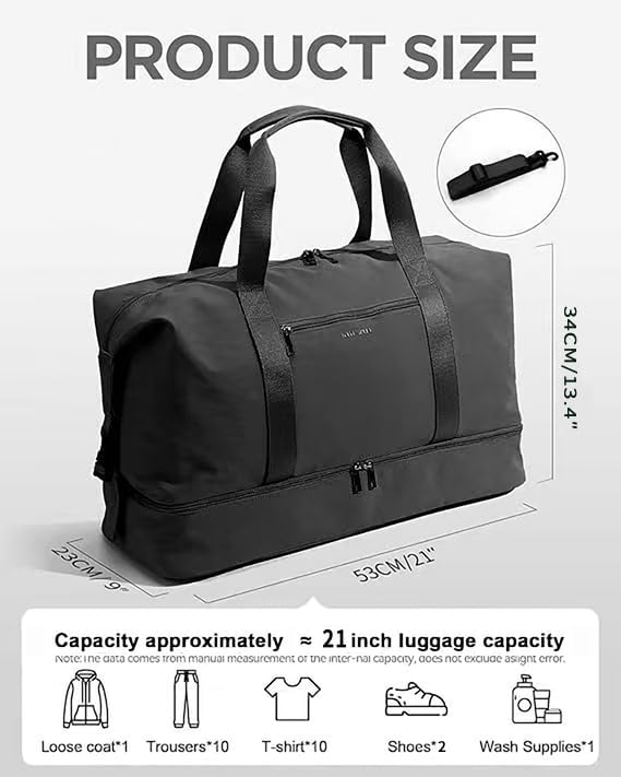 Oeihuivt Weekender Bags for Women - 21 Inch Large Travel Duffel Bag Set with Shoe Compartment, Heavy-Duty nylon Carry On Overnight Tote Black - Image 2