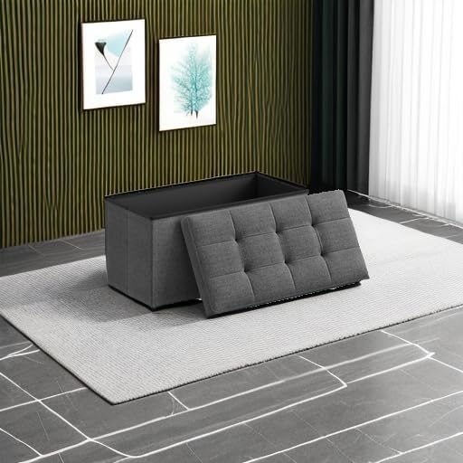 SONGMICS 30 Inches Folding Storage Ottoman Bench, Load 660 lb | Ottoman Foot Rest, Storage Chest, for Living Room, Entryway, Slate Gray and Ink Black, MINOTA Collection ULSF47K - Image 2
