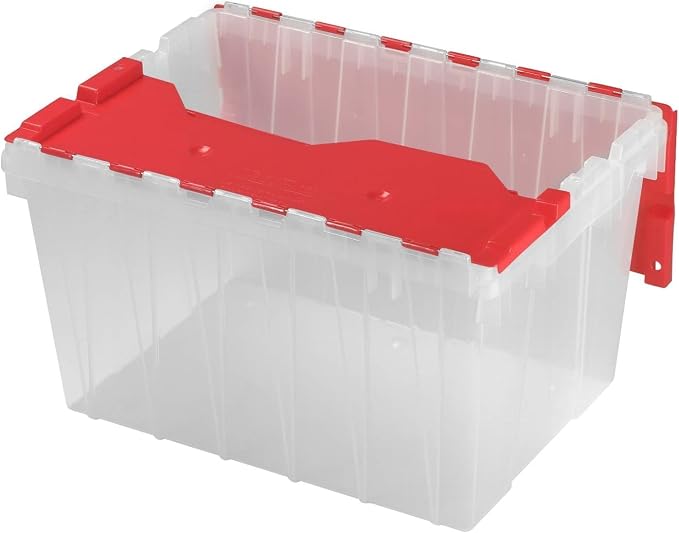 Akro-Mils KeepBox 12 Gallon Storage Container, Nesting and Stackable Plastic Storage Box with Lid Attached, Clear Tote for Garages, Closets, and Moving, 21-1/2" x 15" x 12-1/2", Clear/Red by Akro-Mils