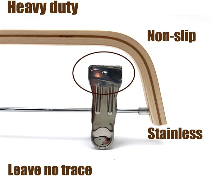 30 Pack 14.5" Natural Wooden Pants Hangers, Clothes Display Wood Skirt Hanger Bottom Hangers Metal Adjustable Clips Hanger for Slacks, Jeans, Shorts - Image 5