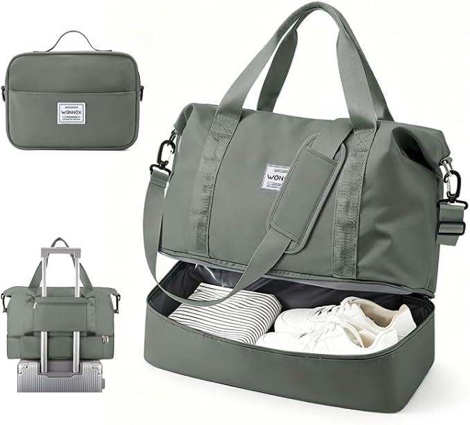 Travel Duffel Weekender Bag Women Tote Carry On Bags With Shoe Compartment | Travel Overnight Bags with Trolley Sleeve for Airplanes Waterproof Lightweight Sport Tote Gym with Toiletry Bag Green by VECAVE