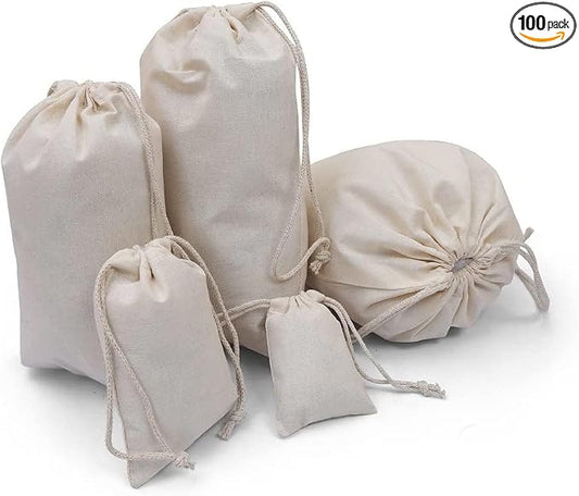 100Pcs 3 x 4 Inches Premium Cotton Muslin Double Drawstring Bags, Reusable Bag Natural Cotton Bags with Drawstring Produce Bags Bulk Gift Bag Jewelry Pouch for Party Wedding Home Storage by BIGLOTBAGS