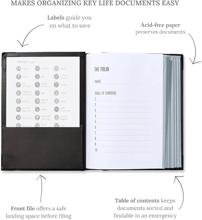 The Folio® Important Document Organizer by Savor | Binder with Guided Labels, Acid-Free File Folder Organizer with 10 Pockets, Document Holder for Home Records, Legal and Medical Papers (Black) - Image 4