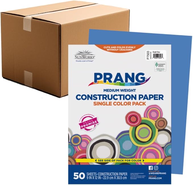 Prang Construction Paper, 9" x 12", Bright Blue, 50/Pack, 50 Packs | Formerly SunWorks, Class Pack, 2500 Sheets Total, P7503 by Prang