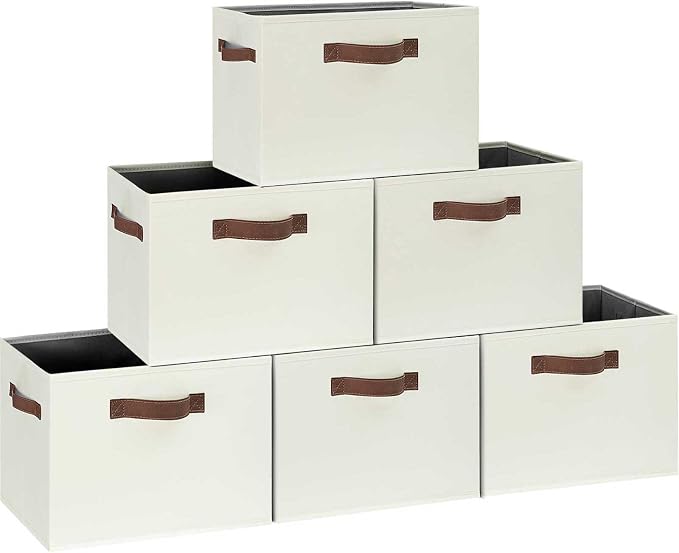 GhvyenntteS Large Storage Baskets for Shelves 6 Pack, Collapsible Fabric Storage Bins with 3 Handles, Decorative Closet Organizers and Storage bins for Clothes Blanket Beddings (Beige, 15"x11"x9.6") by GhvyenntteS