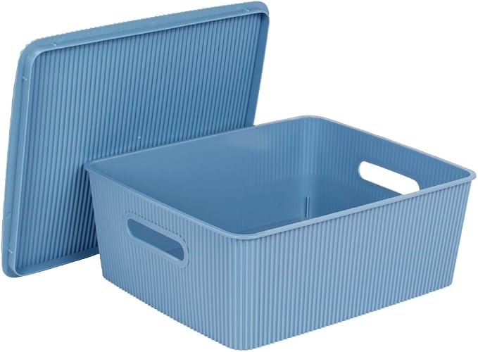 Glad Storage Baskets with Lids - Set of 4 Stackable Plastic Boxes with Handles - Decorative Shelf Organizer Bins for Bathroom and Closet, Blue, 3.1 Gallons - Image 3
