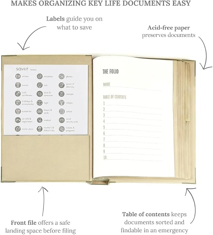 The Folio® Important Document Organizer by Savor | Binder with Guided Labels, Acid-Free File Folder Organizer with 10 Pockets, Document Holder for Home Records, Legal and Medical Papers (Slate) - Image 3