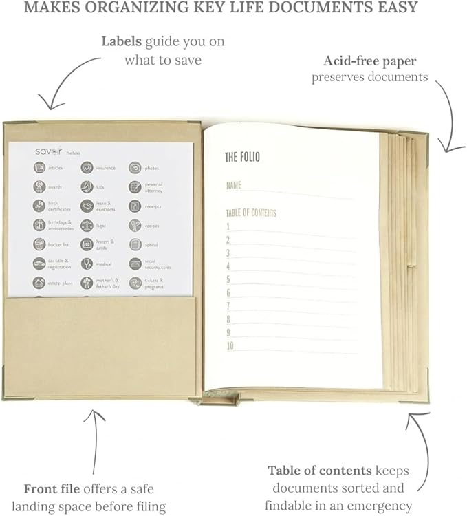 The Folio® If I Die Binder Organizer with Labels by Savor | Acid-Free Important Document Organizer with 10 Pockets, Document Holder for Birth Certificate, Wills, and Investment Plans (Slate) - Image 3
