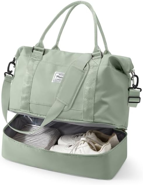 Travel Duffel Weekender Bag Women Tote Carry On Bags With Shoe Compartment | 18x14x8 inches Travel Overnight Bags with Trolley Sleeve for Airplanes Sport Tote Gym for Men Lightweight Daypack BeigeGreen by VECAVE