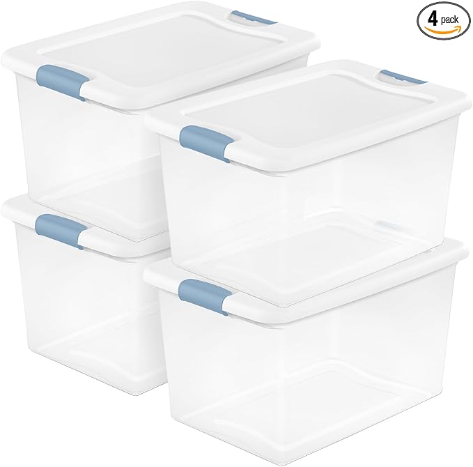 Sterilite Latching Box with Lids for Home and Office, 64 Quart, 4-Pack | Heavy-Duty and Stackable Plastic Containers with Latches for Closet, Cabinet, Bedroom, Bathroom and Dorm Room Organization by Sterilite