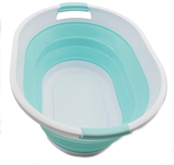 SAMMART 32L (8.4 gallon) Collapsible Plastic Laundry Basket - Foldable Pop Up Storage Container/Organizer - Portable Washing Tub, Water Capacity: 24L (1, White/Lake Green) by SAMMART