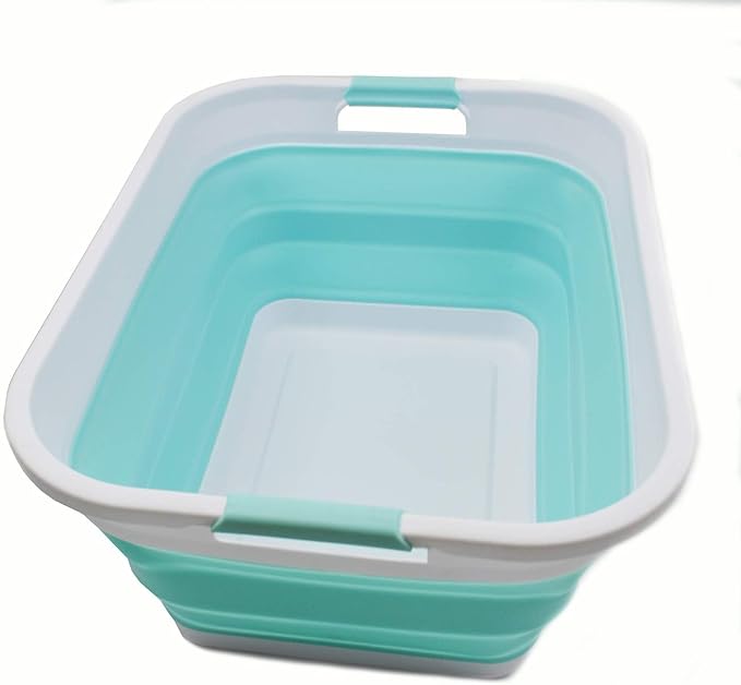 SAMMART 41L (10.8 gallon) Collapsible Plastic Laundry Basket-Foldable Pop Up Storage Container/Organizer-Portable Washing Tub, Water capacity: 32L (8.4 gallon) (Rectangular, White/Lake Green) by SAMMART