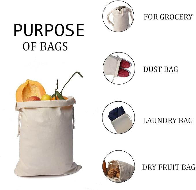 100Pcs 6 x 8 Inches Premium Cotton Muslin Double Drawstring Bags, Reusable Bag Natural Cotton Bags with Drawstring Produce Bags Bulk Gift Bag Jewelry Pouch for Party Wedding Home Storage - Image 5