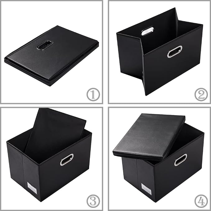 Large Stackable Storage Boxes with Lids [5-Pack] Leather Fabric Foldable Storage Bins Organizer Containers Baskets Cubes with Cover for Bedroom Closet Office Nursery Black(17.7x11.8x11.8) - Image 6