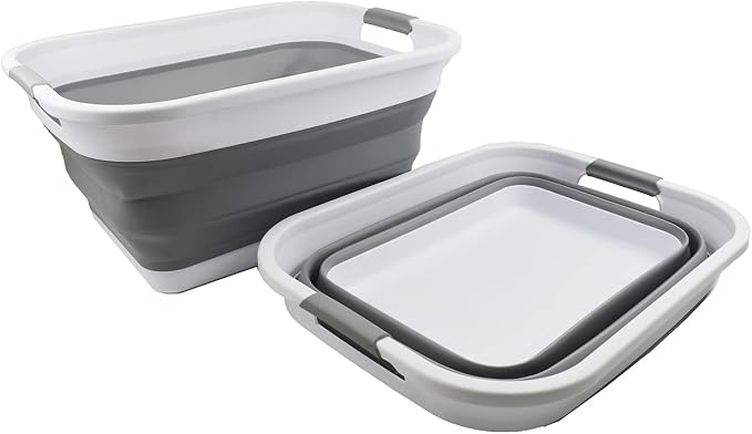 SAMMART 36L (9.5 gallon) Collapsible Plastic Laundry Basket - Foldable Pop Up Storage Container/Organizer - Portable Washing Tub - Space Saving Hamper/Basket (White/Grey (Set of 2)) - Image 2