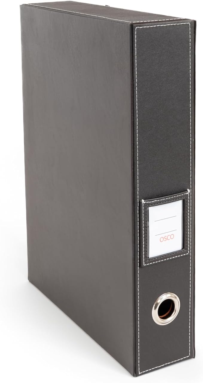 OSCO Brown Faux Leather Box File | Document Storage | Paperwork Archive | Lock Spring | Secured with Fastening Stud | H37.5 x W8 x D26.5 cm | - Image 3