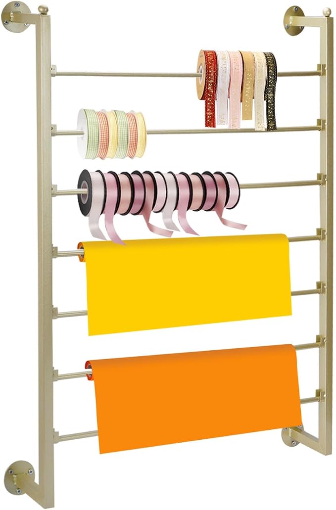 ikare Ribbon Storage Organizer,Wall Mounted Ribbon Organizer,Wrapping Paper Rack,7-Tier Metal Ribbon Storage for Craft Room,Flower Shop,Gift Wrapping Paper,Golden by ikare