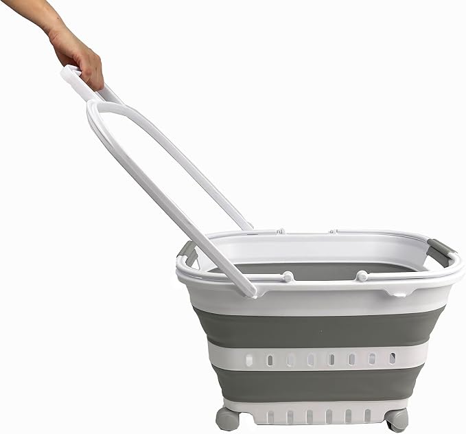 SAMMART 35L (9.24 Gallons) Collapsible Plastic Laundry Basket with Handle and Wheels - Foldable Pop Up Storage Container/Organizer with handle and wheels - Space Saving (1, White/Grey) by SAMMART