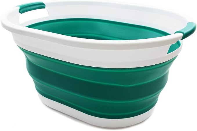 SAMMART 32L (8.4 gallon) Collapsible Plastic Laundry Basket - Foldable Pop Up Storage Container/Organizer - Portable Washing Tub, Water Capacity: 24L (1, White/Dark Green) - Image 3