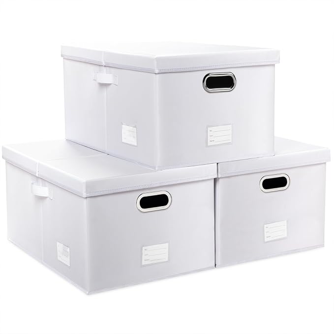 Collapsible Storage Box with Lid [3-Pack] Leather Fabric Foldable Storage Bin Organizer Container Basket Cube with Cover for Home Bedroom Closet Office Nursery White(22.8X15.7X11.8) by Prandom