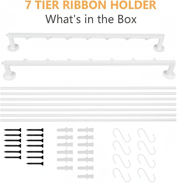 Xbsyhx 7-Tier Wall Mount Ribbon Rack for Craft Room, White | ribbon organizer holds wrapping paper, scarves, towels. Metal rack with hooks for craft room, flower store, closet - Image 3