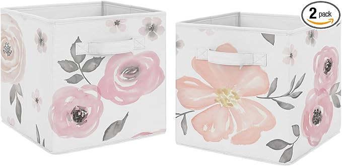 Sweet Jojo Designs Set of 2 Collapsible Fabric Storage Cubes (Pink/Grey Boho Floral) for Girls, Baby, Kids, Childrens Foldable Bins Organizer Boxes Toys (Watercolor, Flower, Elegant Rose, Farmhouse) by SweetJojoDesigns