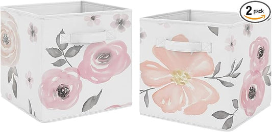 Sweet Jojo Designs Set of 2 Collapsible Fabric Storage Cubes (Pink/Grey Boho Floral) for Girls, Baby, Kids, Childrens Foldable Bins Organizer Boxes Toys (Watercolor, Flower, Elegant Rose, Farmhouse) by SweetJojoDesigns