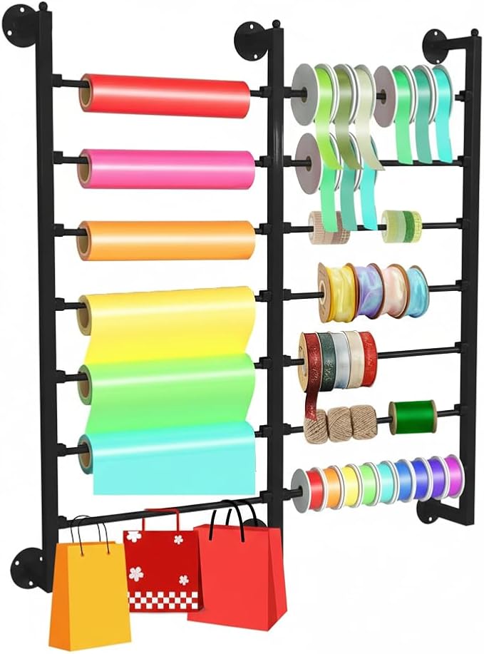7-Tier Double Row Ribbon Storage Organizer , Wall Mounted Ribbon Organizer | 14 Removable Rods Craft Room Storage Rack. Perfect for Flower Shops, DIY Yarn, Gift Bags & Wrapping Paper Organization by Unknown