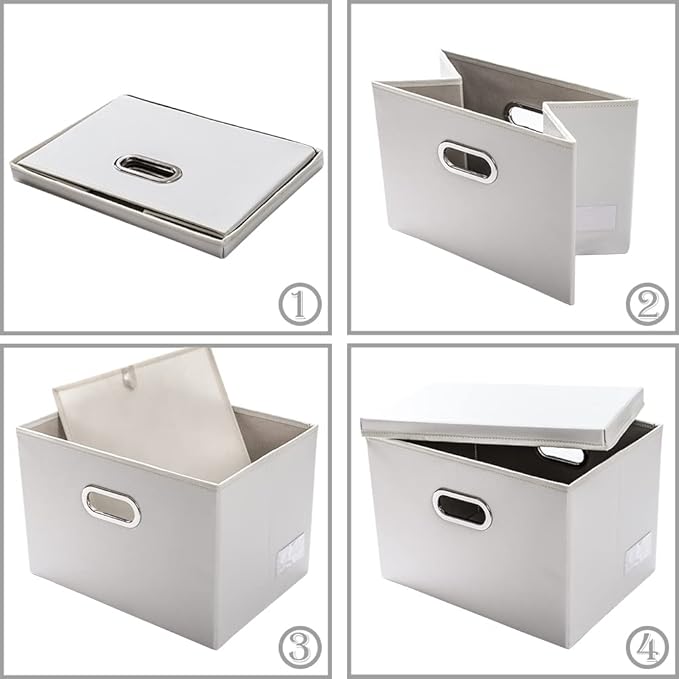 Large Stackable Storage Bins with Lids [3-Pack] Leather Fabric Foldable Storage Boxes Organizer Containers Baskets Cube with Cover for Bedroom Closet Office Nursery White (17.7x11.8x11.8) - Image 5