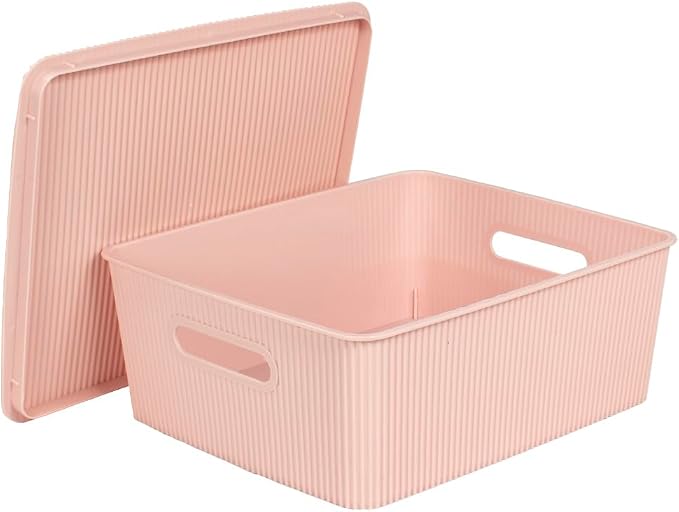 Glad Storage Baskets with Lids - Set of 4 Stackable Plastic Boxes with Handles - Decorative Shelf Organizer Bins for Bathroom and Closet, Pink, 3.1 Gallon - Image 3