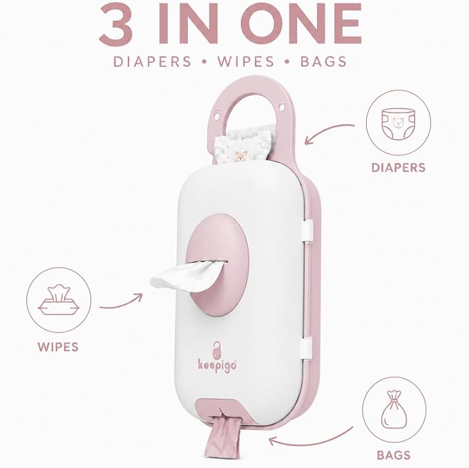 Keepigo| Baby Pink Diaper Bag Wipe Dispenser | 3-in-1 Portable Diaper Caddy Organizer, Baby Wipe Holder with Disposable Bags | Baby Essentials for Newborns, Toddlers, Travel & Baby Shower Gifts - Image 2