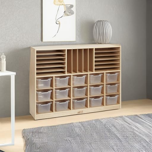 ECR4Kids Multi-Section Mobile Tray Cabinet with Cubby Storage Compartments, Kids Furniture, Natural, 48"D x 13"W x 36"H - Image 2