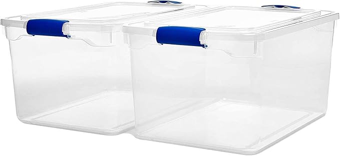 HOMZ Clear Plastic Storage Bins w/Latching Lid, 66 Qt, Blue Latch, 2 Pack | Large Stackable Container Boxes for Homes, Bathrooms, Garages, and Office Organization - Image 8