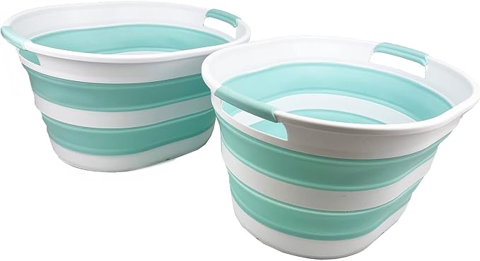 SAMMART 23L (6 Gallons) Collapsible Plastic Laundry Basket - Oval Tub/Basket - Foldable Storage Container/Organizer - Portable Washing Tub (White/Lake Green (Set of 2)) by SAMMART