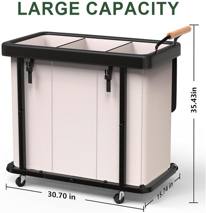Laundry Hamper 3 Section,230L Rolling Dirty Clothes Hamper White | Laundry Basket with Wheels & Lid,Laundry Organizer Storage Cart with Metal Frame and Wooden Handle for Laundry Room, Hotel - Image 6