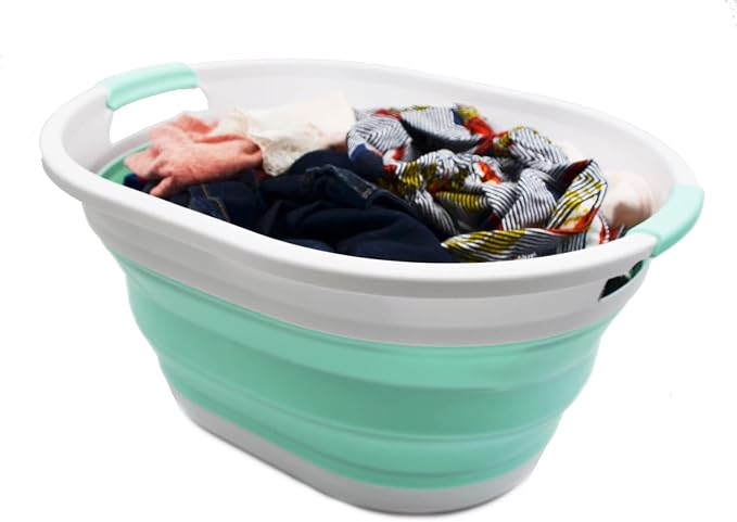 SAMMART 32L (8.4 gallon) Collapsible Plastic Laundry Basket - Foldable Pop Up Storage Container/Organizer - Portable Washing Tub, Water Capacity: 24L (1, White/Light Green) - Image 5