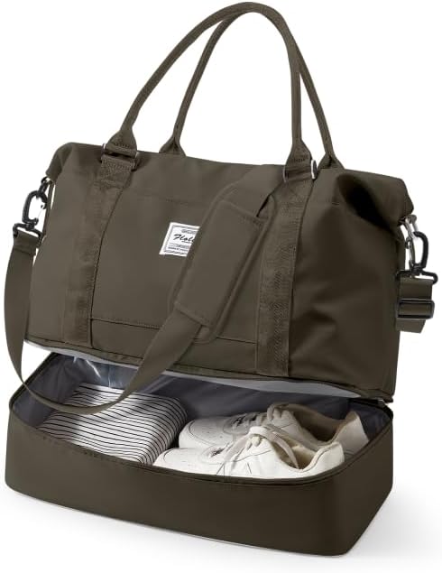 Travel Duffel Weekender Bag Women Tote Carry On Bags With Shoe Compartment | 18x14x8 inches Travel Overnight Bags with Trolley Sleeve for Airplanes Sport Tote Gym for Men Lightweight Daypack DarkBrown by VECAVE