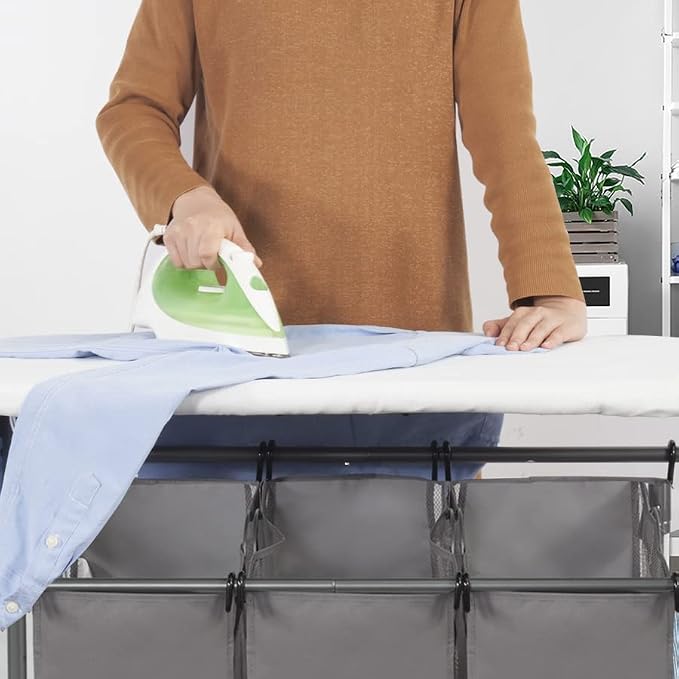 STORAGE MANIAC 3-Section Laundry Sorter with Foldable Ironing Board, Heavy-Duty Rolling Laundry Cart with and Removable Bags, Triple Laundry Hamper with Wheels, Dark Grey - Image 3