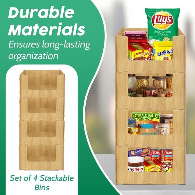 Skywin Wooden Stackable Storage Bins Open Front for Pantry Storage, 4 Pack | Easy Stacking, Open Front Design, Space Saving Pantry Organizers and Storage Bin for Snacks, Toiletries, and Home Essentials - Image 3