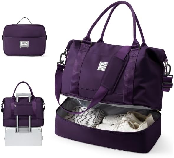 Travel Duffel Weekender Bag Women Tote Carry On Bags With Shoe Compartment | 18x14x8 inches Travel Overnight Bags with Trolley Sleeve for Airplanes Waterproof Sport Tote Gym with Toiletry Bag Purple by VECAVE