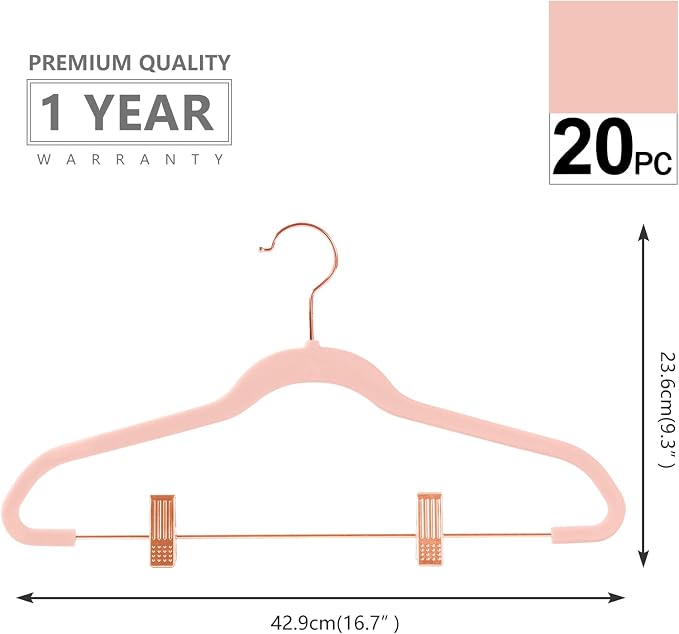 MIZGI Premium Velvet Pants Hangers with Clips (Pack of 20) Slim Skirt Hangers- Non Slip Felt Outfit Dress Hangers Blush Pink - Copper/Rose Gold Hooks,Space Saving Shirt Clothes Hangers - Image 2